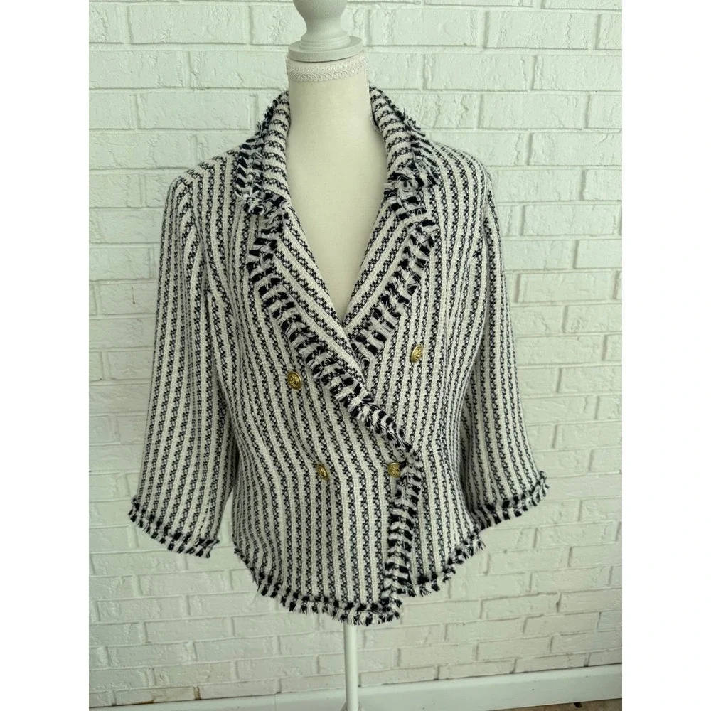 G by Giuliana Tweed Blazer‎ Women Large Navy/White Excellent Fringe Striped